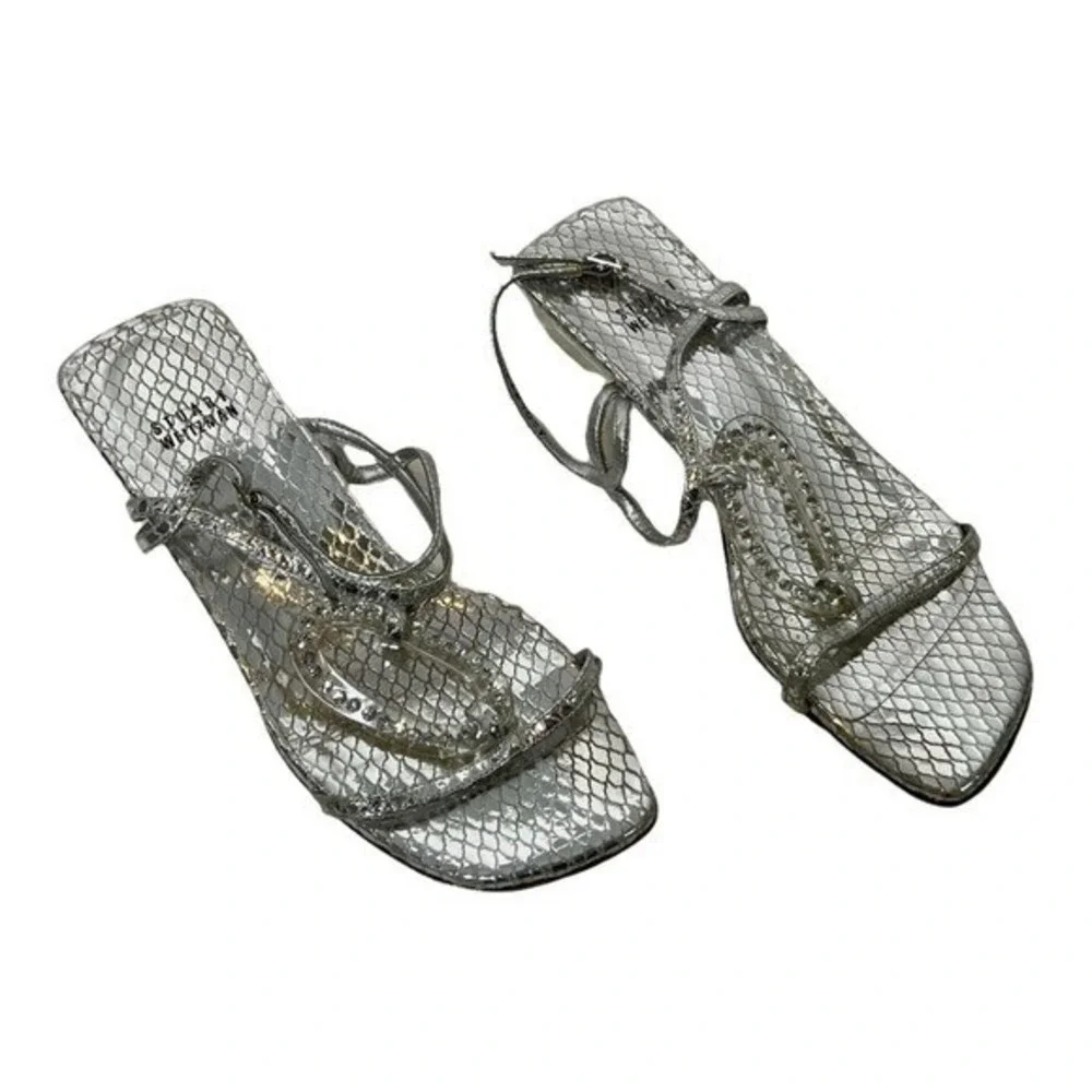 Stuart Weitzman Sandals Women 7.5 Silver Snakeskin Clear Heel Rhinestone Evening